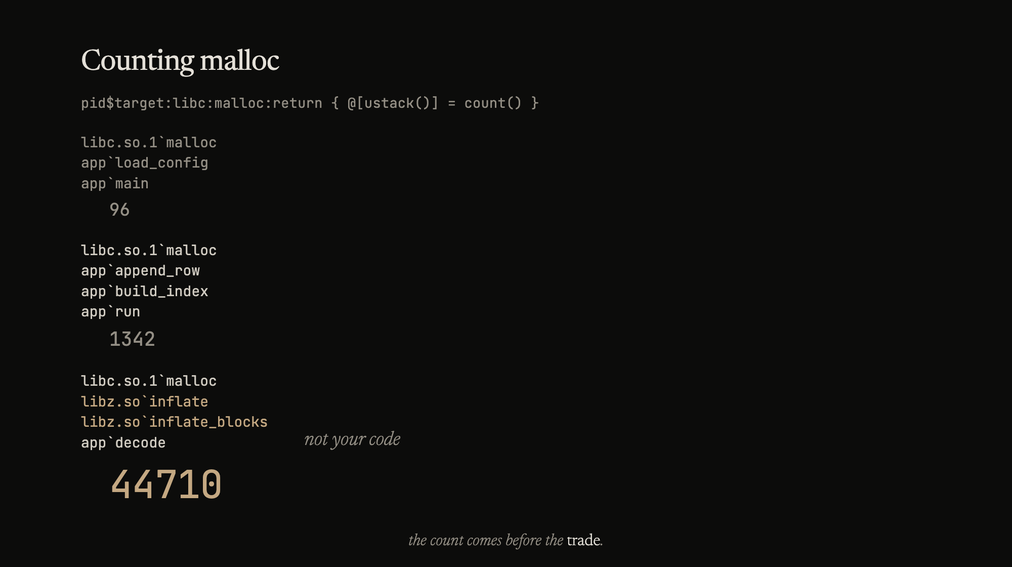A dtrace count of malloc's callers. The heaviest path by far runs deep through library code you never wrote.