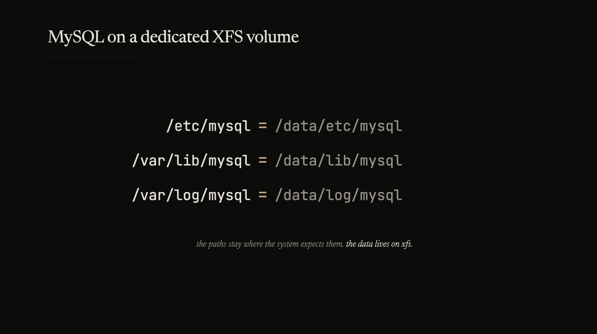 The paths stay where the system expects them. The data lives on XFS.