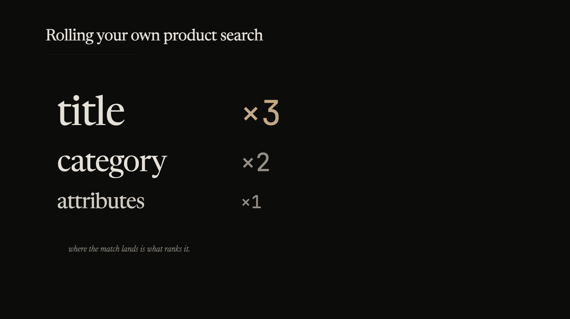 Title matches outrank category matches outrank attributes. Where the match lands is what ranks it.