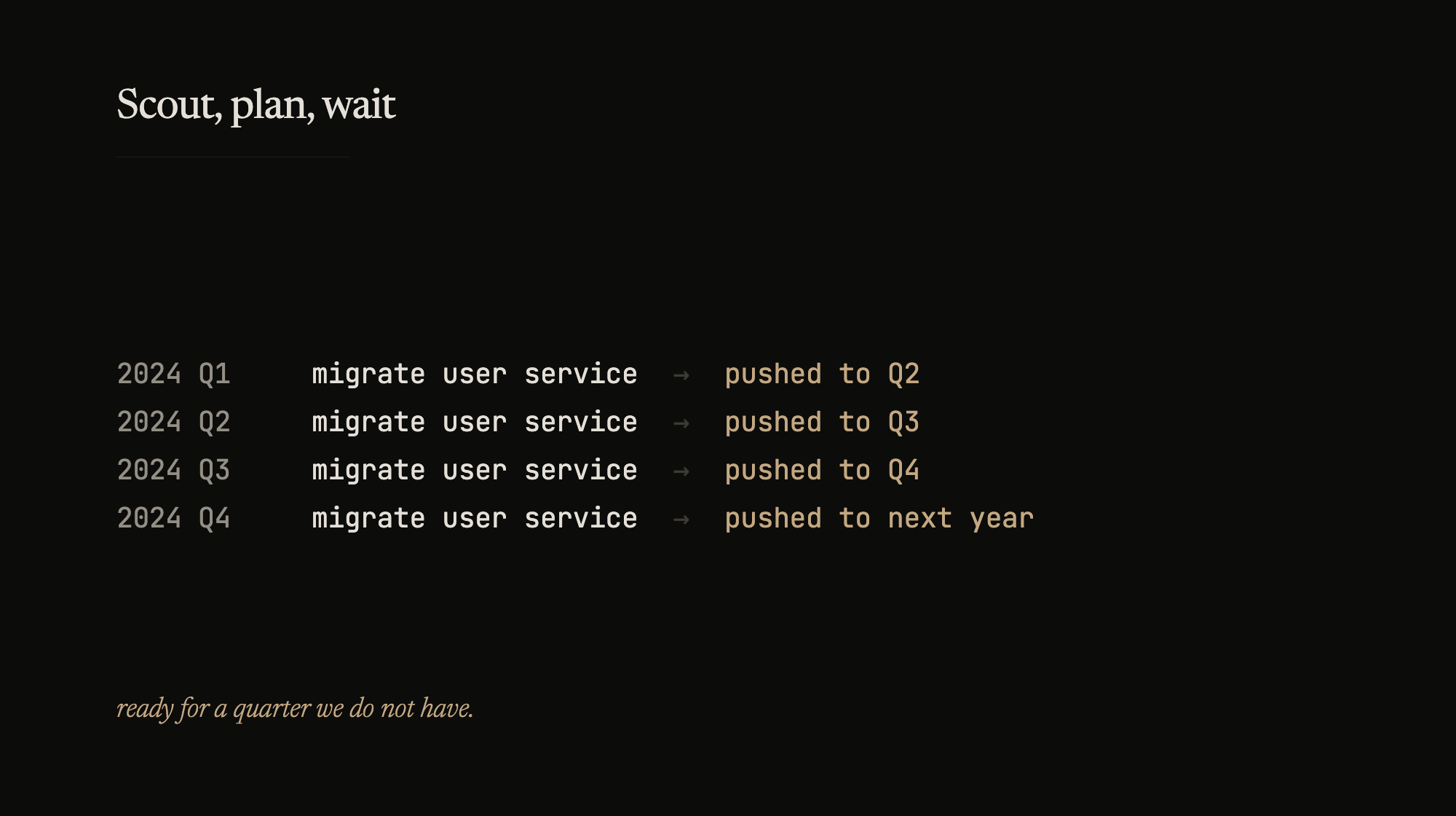 A migration ticket pushed forward, quarter after quarter. Ready, waiting.