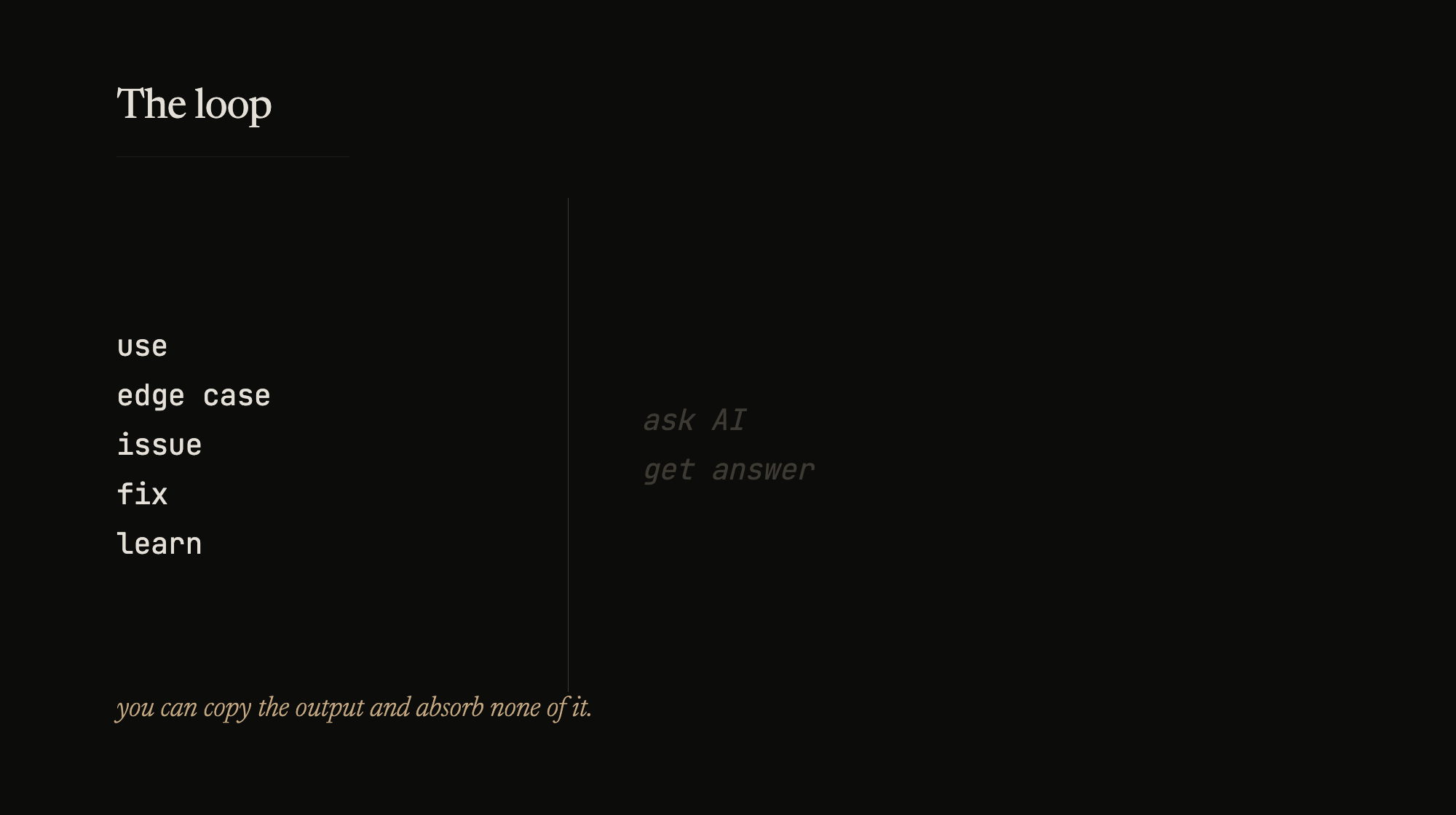 Five steps of craft on one side. Two steps of shortcut on the other. The loop is going quiet.
